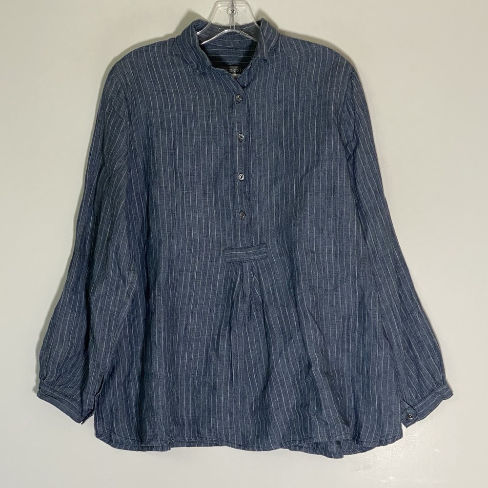 Artemesia Top Womens Large Blue Stripe 100% Linen Lagenlook Made in USA Beach L
